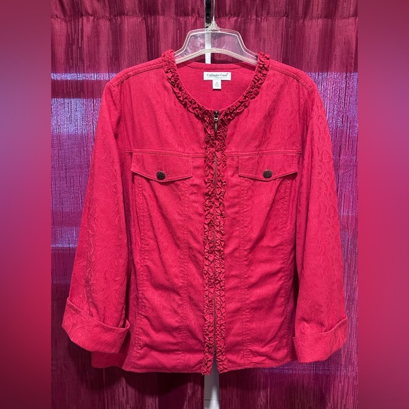 Coldwater Creek Jackets & Blazers - COLDWATER Creek Red Damask Zip Jeans Jacket With Ruffle Trim sz 2X